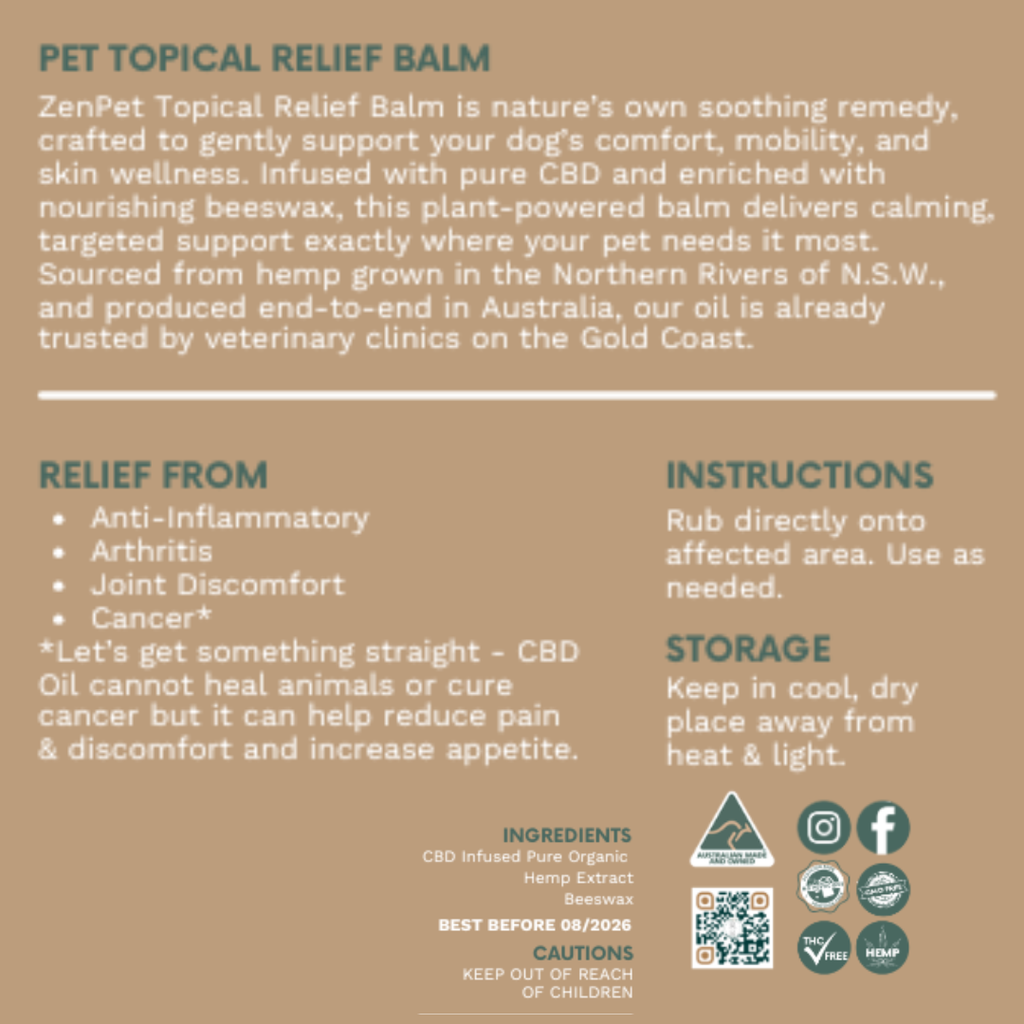 Product label for Pet Topical Relief Balm with text and icons on a beige background