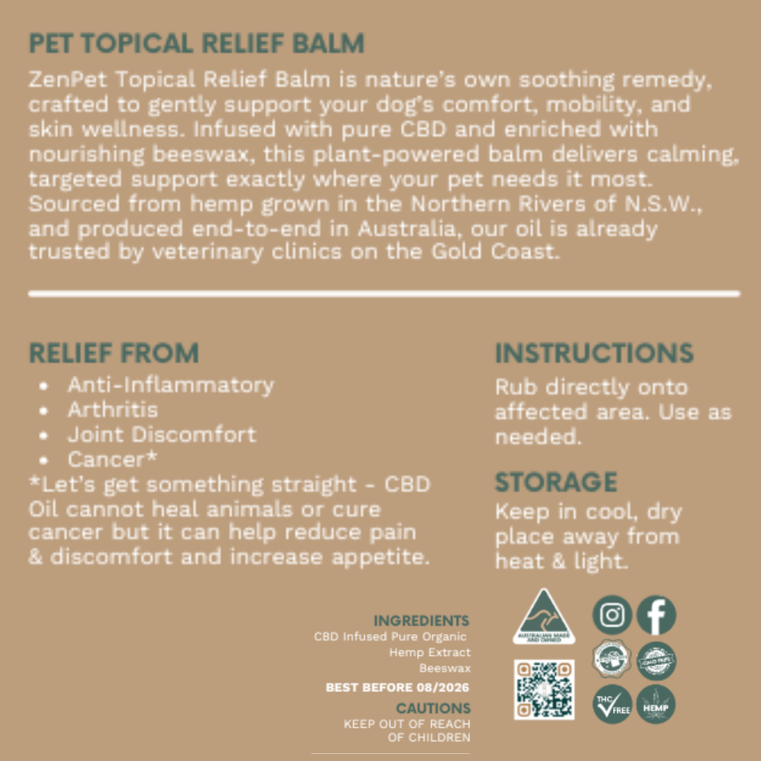 Product label for Pet Topical Relief Balm with text and icons on a beige background