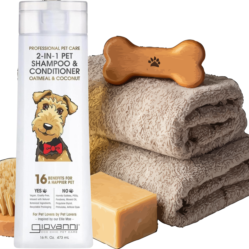 Pet care products including a bottle of shampoo, a bar of soap, folded towels, and a wooden bone on a white background.