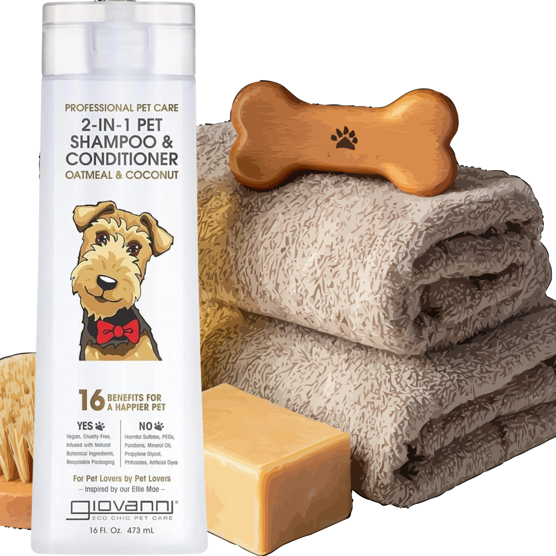 Pet care products including a bottle of shampoo, a bar of soap, folded towels, and a wooden bone on a white background.