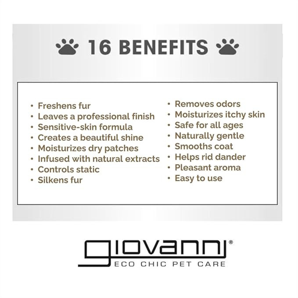 List of 16 benefits of a pet care product by Giovanni on a white background