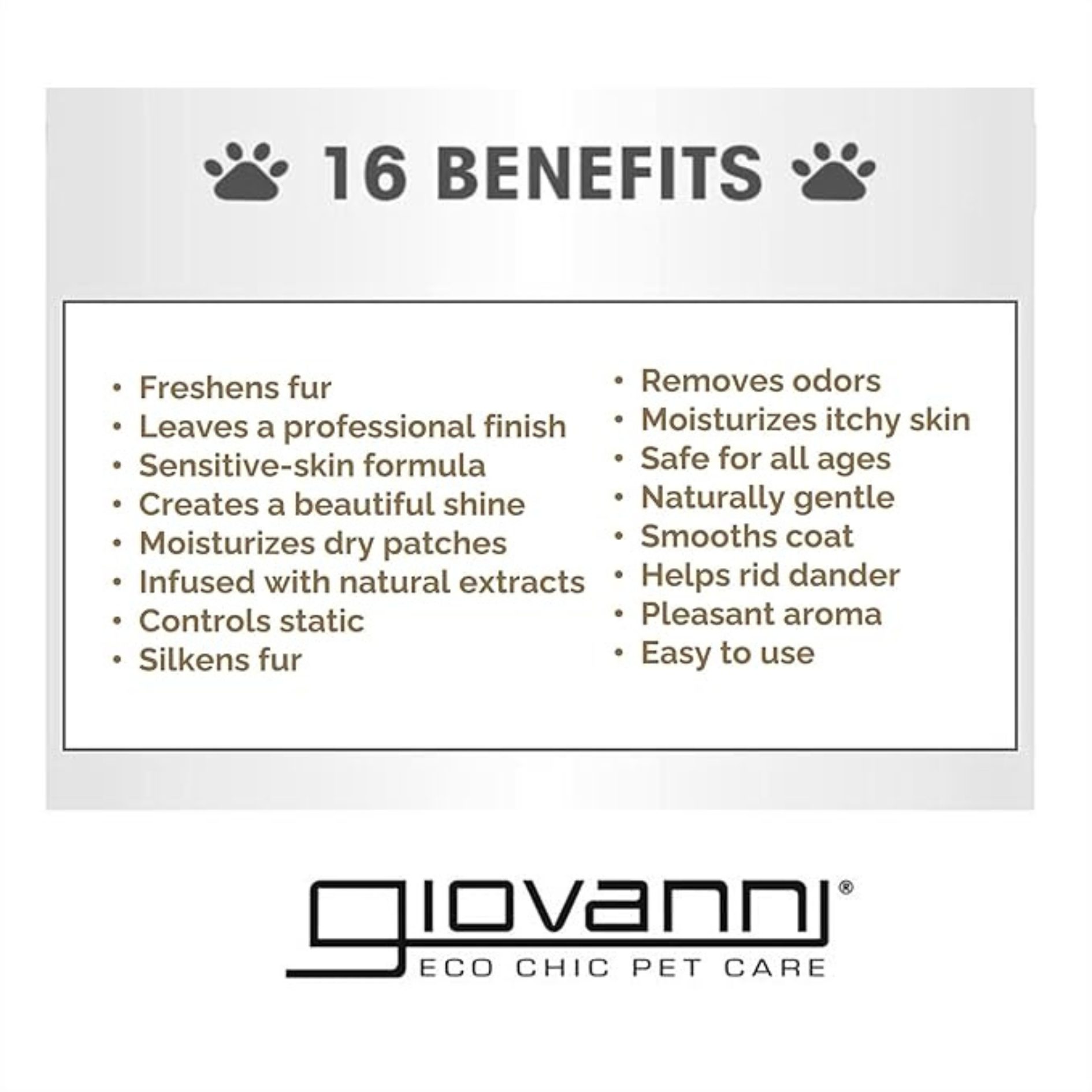 List of 16 benefits of a pet care product by Giovanni on a white background