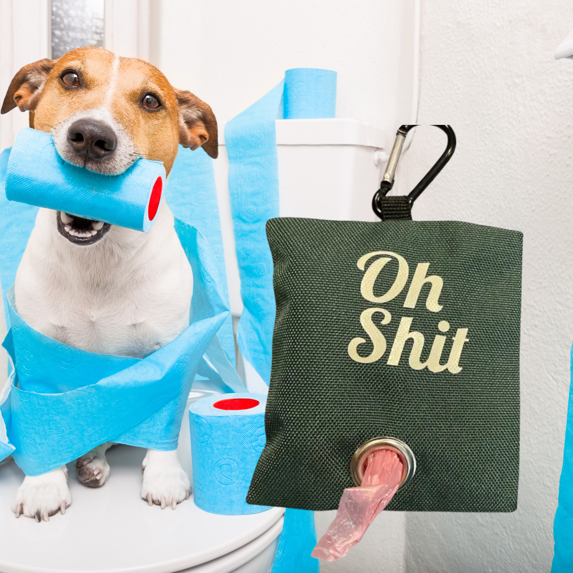 Dog with blue plastic bag and toilet paper, green pouch with 'Oh Shit' text.