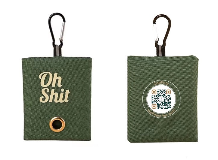 Two green pouches with carabiners, one labeled 'Oh Shit' and the other with a QR code, on a white background.