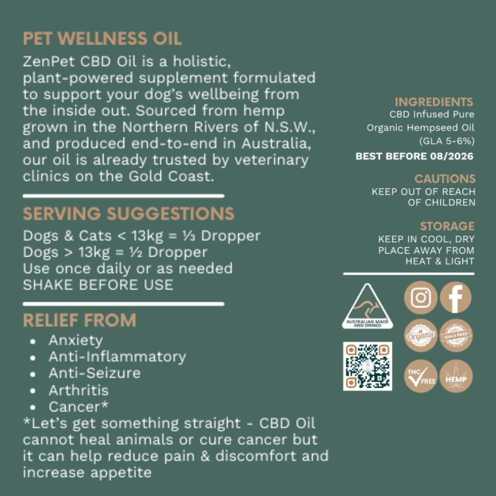 Pet wellness oil supplement label with text and icons on a green background