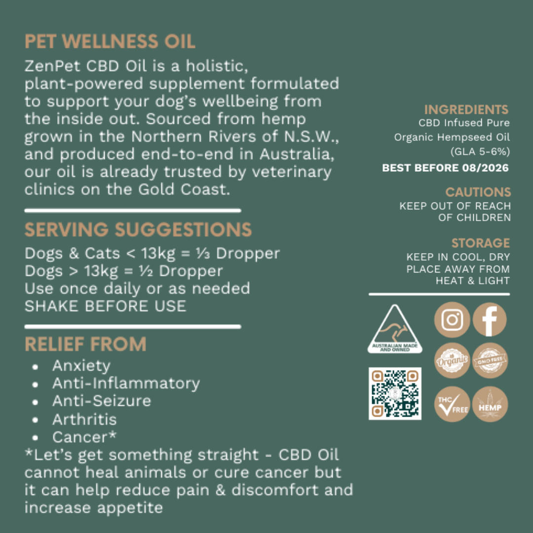 Pet wellness oil supplement label with text and icons on a green background