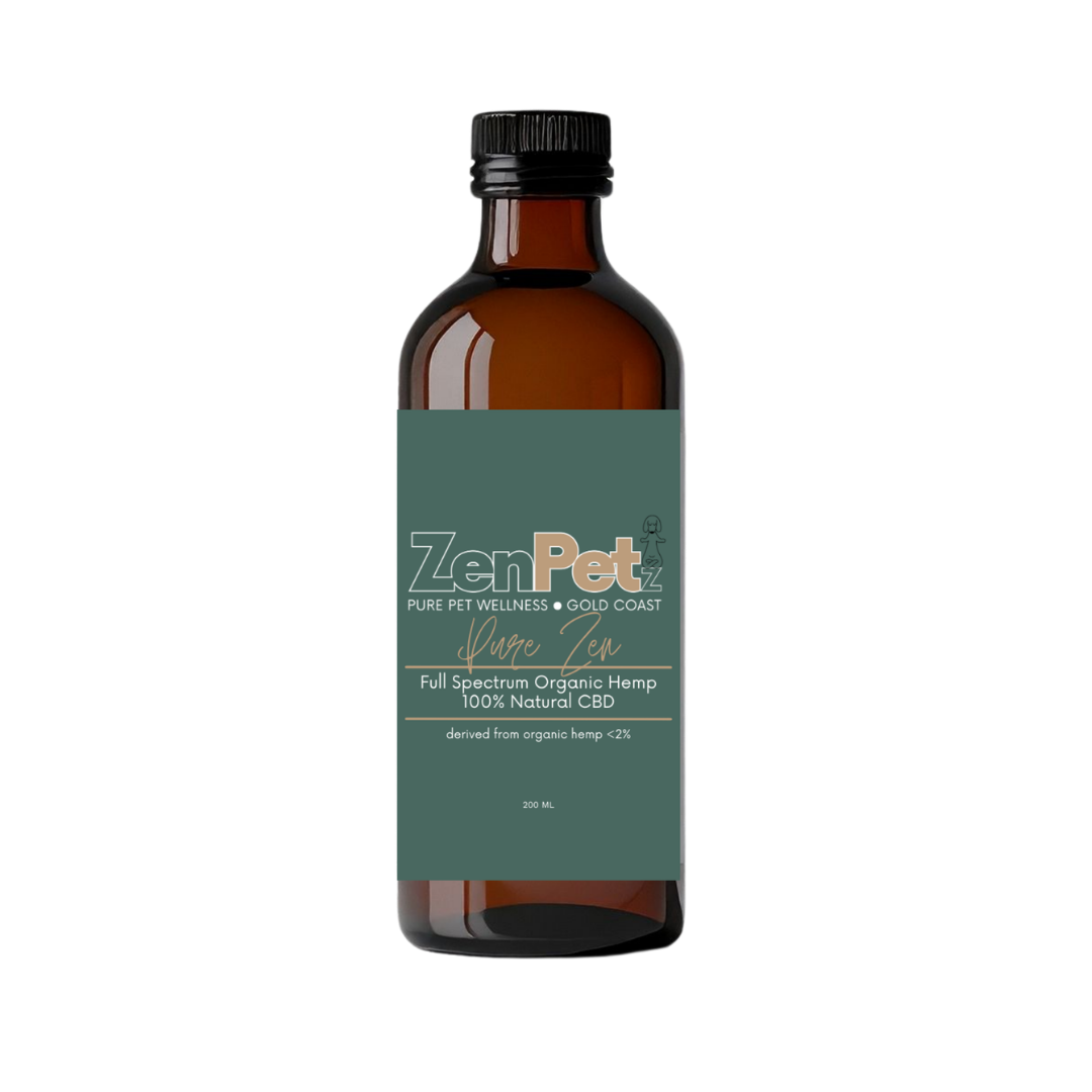Brown bottle of ZenPet full spectrum organic hemp oil on a transparent background