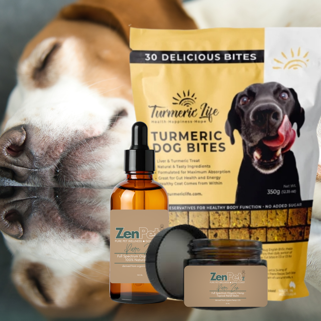 Dog treats, supplement bottle, and cream with a dog in the background