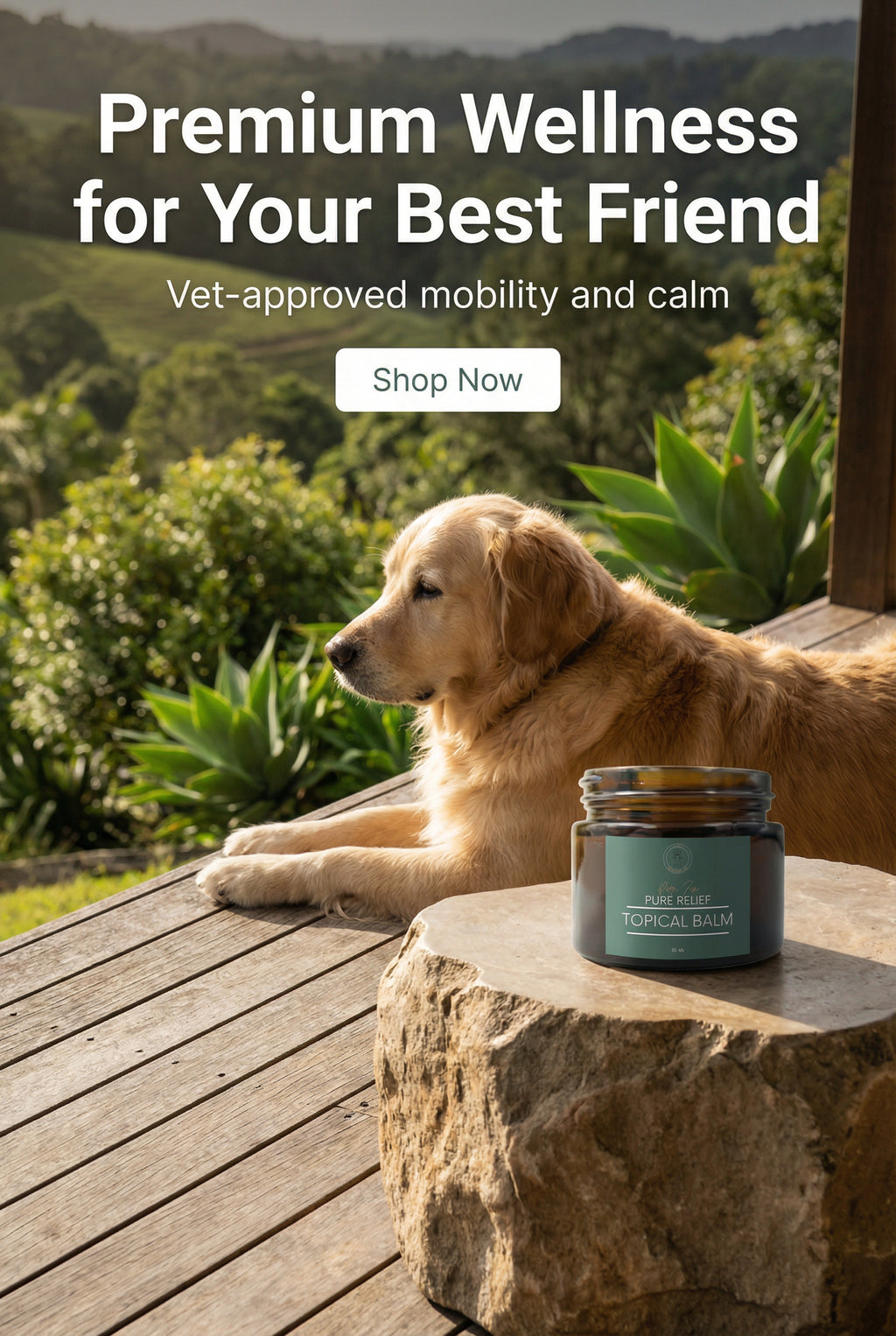 Dog lying on a wooden deck with a jar of pet product, surrounded by greenery.