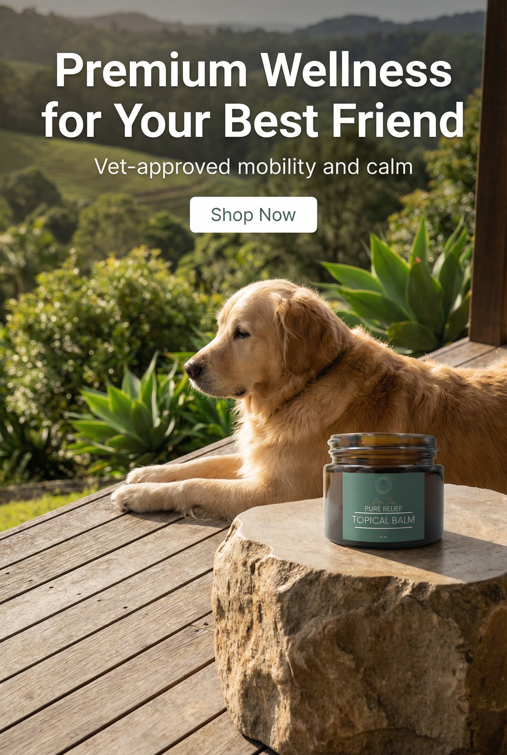 Dog lying on a wooden deck with a jar of pet product, surrounded by greenery.