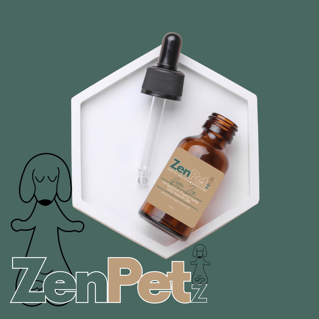 ZenPet bottle with dropper on a white hexagonal platform against a green background