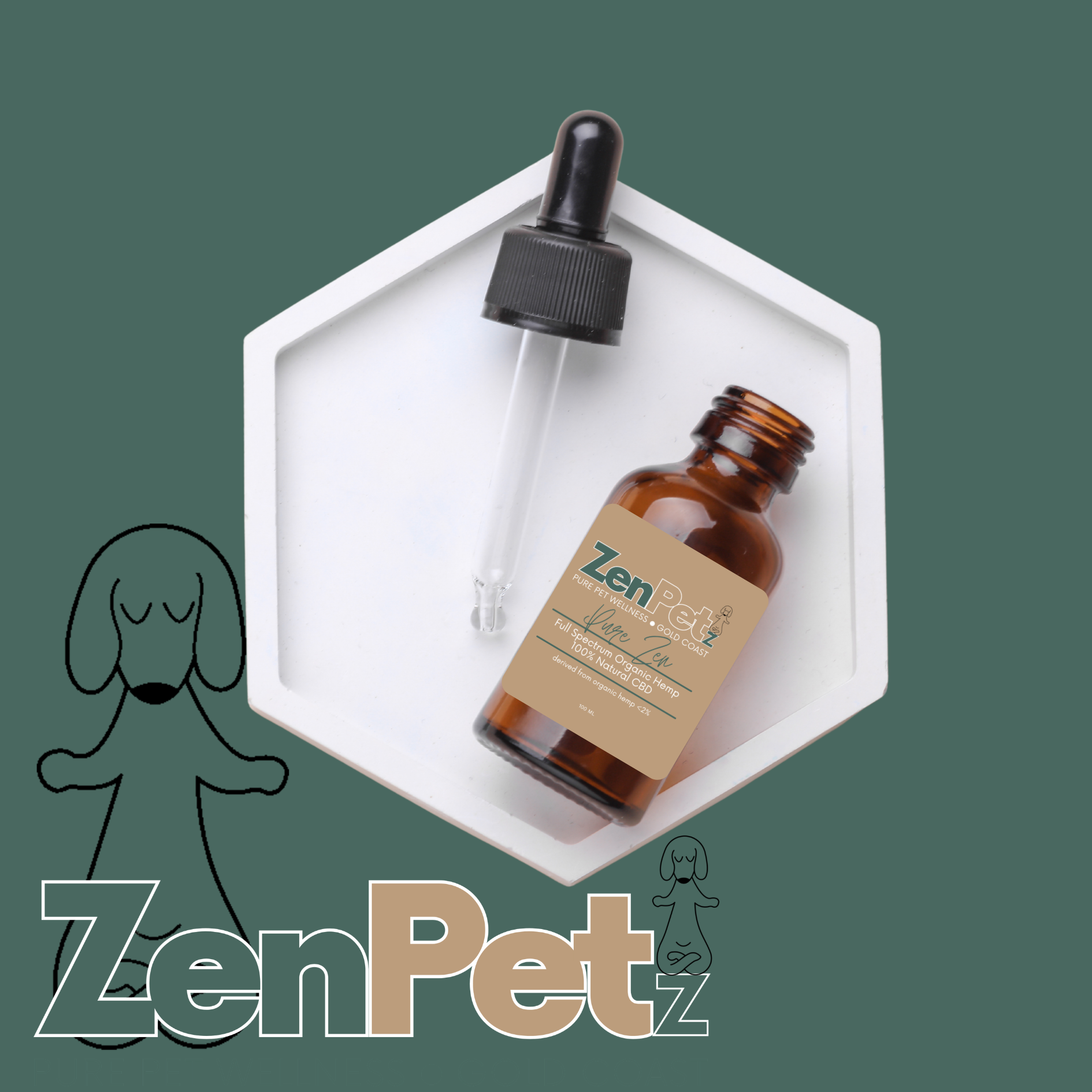 ZenPet bottle with dropper on a white hexagonal platform against a green background